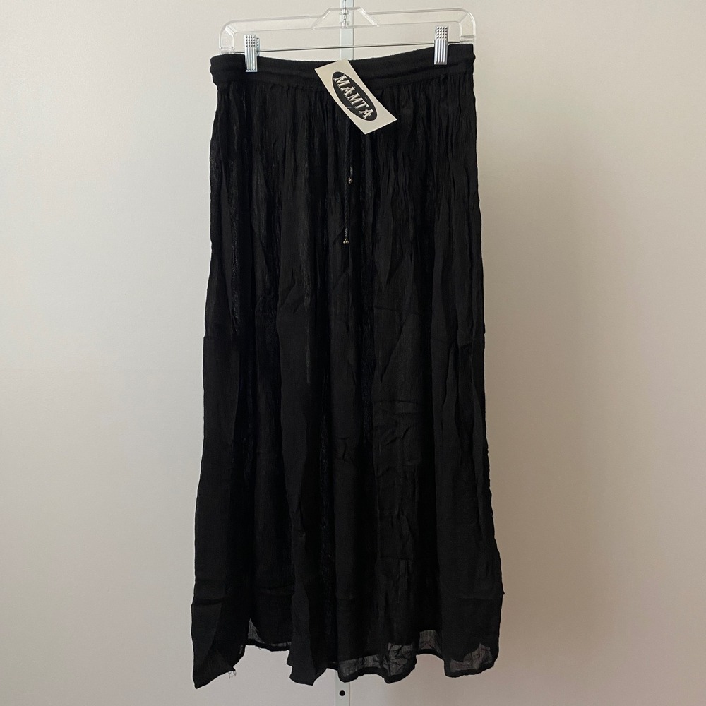 Mamta Boho Flowy Beachy Relaxed Shabby Maxi Skirt One Size Black